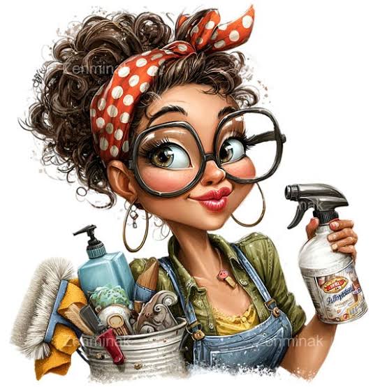 The supplied Cleanqueens illustration of a cheerful cleaner carrying a bucket and spray bottle